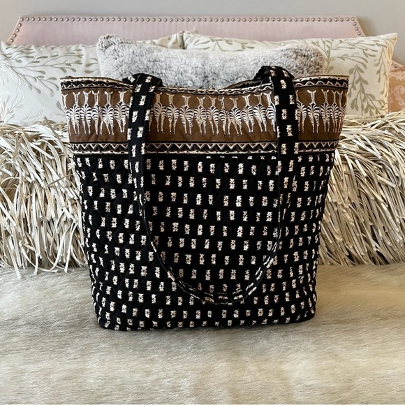 Vintage VERA BRADLEY Zebras 2001 Medium Button Tote Black Brown Cream Quilted - Picture 4 of 11